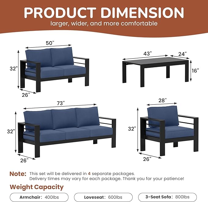 Solaste Aluminum Patio Furniture Set with Fire Pit Table, 5 Piece Metal Outdoor Furniture with Water-Resistant Cushions, Modern Patio Conversation Set for Balcony, Front Porch, and Backyard, Blue