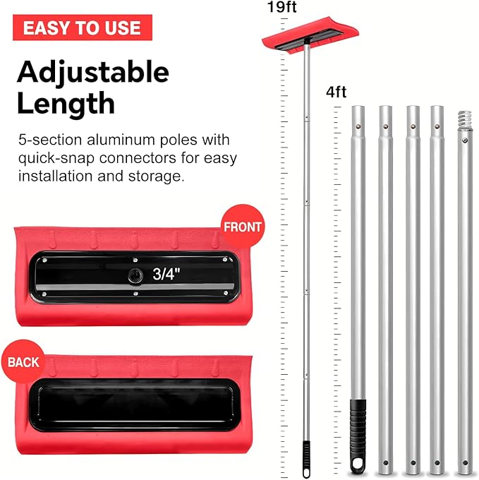 Never-Scratch SnowBuster | 19-Foot Snow Roof Rake(Up to 25Ft Standing Reach) | Heavy-Duty Aluminum｜EVA Soft Foam Pad Snow Removal Tool｜S-Shaped Push/Pull Design for House Roofs, Solar Panels