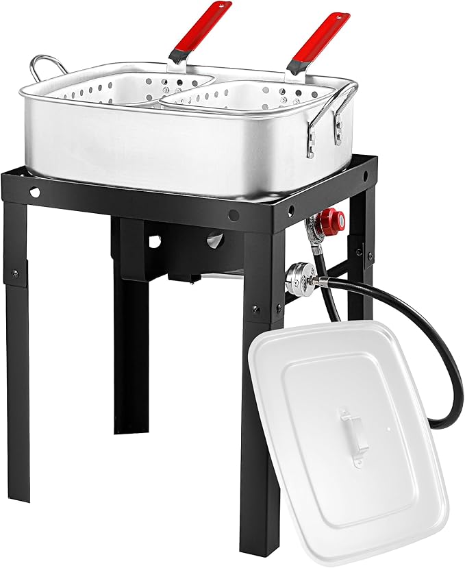 OT1808-LID-Propane Deep Fryer with 18Qt Square Deep Fryer Pot – High Grade Strainer Basket Aluminum Pot for Fish Fry, Seafood Pot – Propane Burners for Outdoor Cooking Include Lid