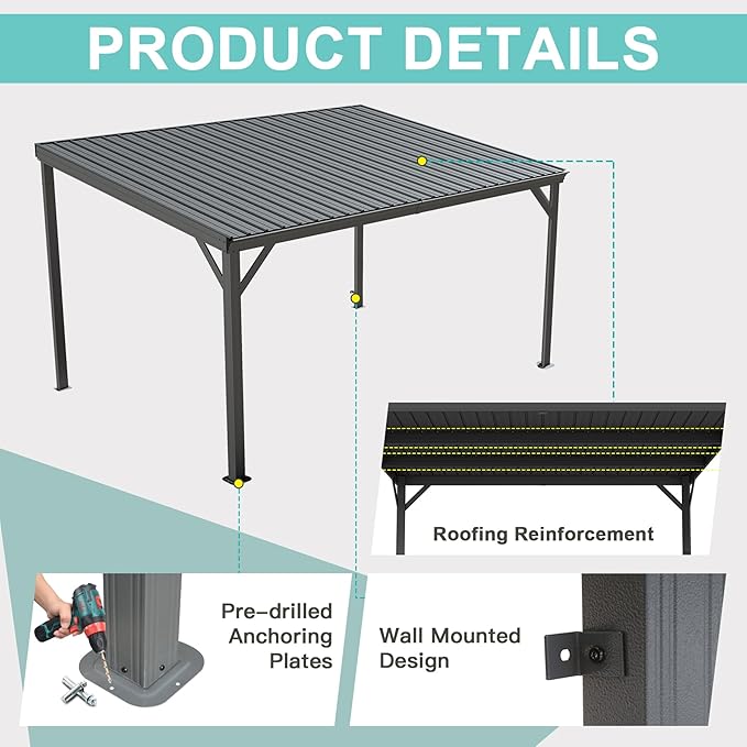 Domi 10’x14’ Lean-to Gazebo, Hardtop Wall-Mounted Gazebo Pergola with Sloping Galvanized Steel Roof and Upgraded Drainage System, Outdoor Permanent Metal Shelters for Patio Backyard Deck, Grey