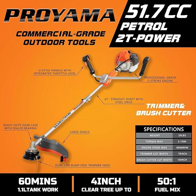 PROYAMA 51.7cc 2-Cycle Gas Powered Weed Eater Weed Trimmer, 3-in-1 Gas String Trimmer and Brush Cutter, Anti-Vibration System Tube Orange…