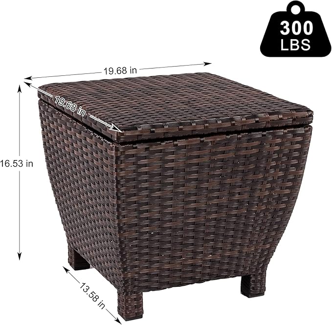 Sundale Outdoor Small Deck Storage Box with Lid, 13 Gallon Outdoor Bin Storage Container for Hose Cushion Towel, Patio Fully Assembled Brown Wicker Side Table with Storage - Rattan