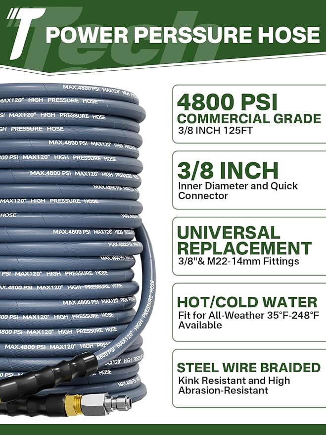 3/8" 4800PSI Pressure Washer Hose 125FT with Swivel Quick Connect for Cold/Hot Water Max 248°F, Kink Resistant Steel Wire Braided, Wear Resistant Power Washer Hose with M22 14mm Adapter