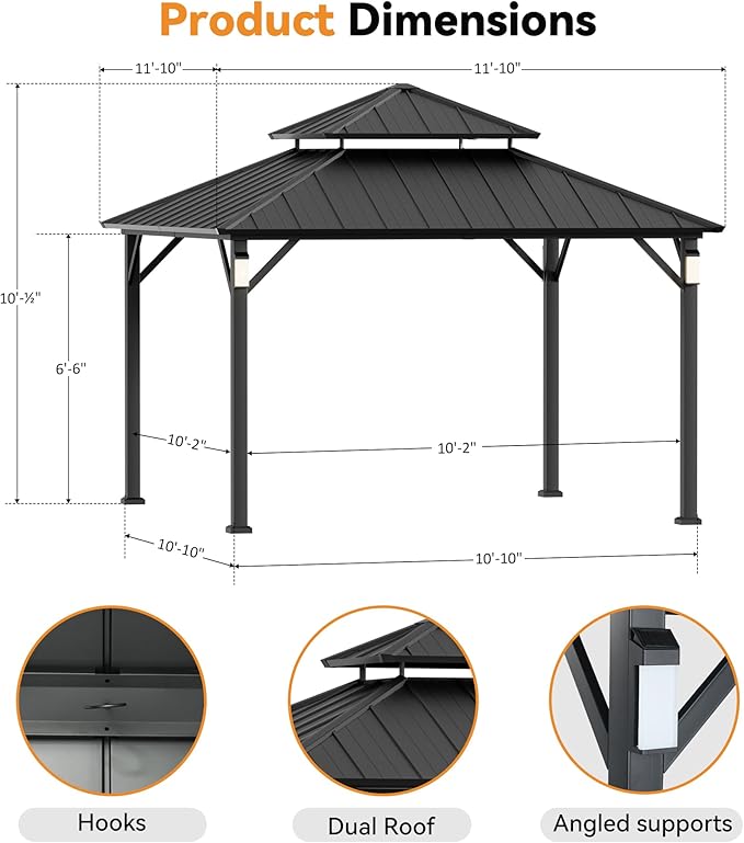 Modern Shade The Horizon Hardtop Gazebo 12' x 12' with 4 LED Lights, Permanent Outdoor Gazebo with Galvanized Steel Double Roof, Grill Pavilion with Decor Hooks, Mosquito Nettings, Black