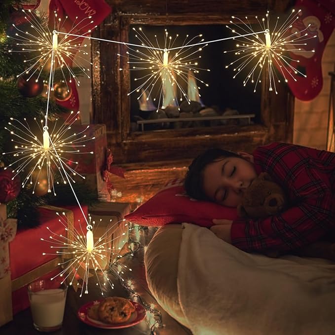 Remote Firework LED Copper Wire Starburst Lights - 10 Connection 600 LED Fairy Twinkle String Lights - 8 Modes With Remote Control, Dimming, Timer (Warm White)