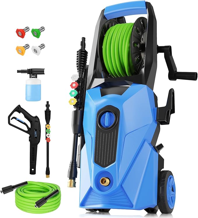 Pressure Cleaner 5000 PSI,2.8 GPM Power Cleaner with Foam Cannon,Portable Cleaner with 33ft Hose Reel,4 Nozzle Tips,and Soap Bottle for Cars/Home/Driveways/Patios/Decks/Fences(Blue)