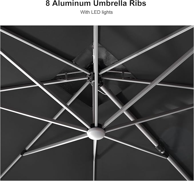 PURPLE LEAF 9 Feet Solar Powered LED Square Cantilever Umbrella With Base Patio Umbrellas Windproof Hanging Outdoor Umbrella Offset Umbrellas, Grey