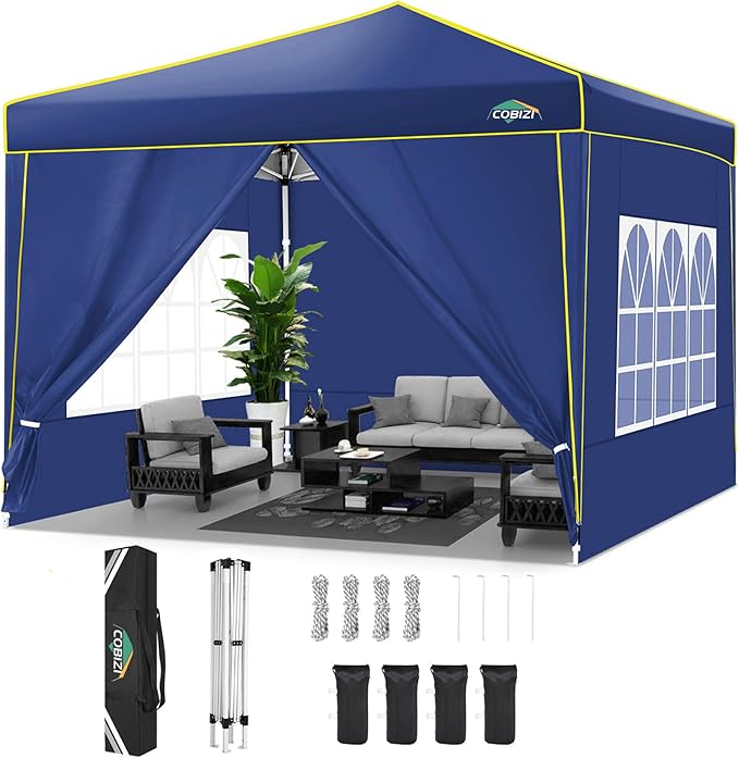 COBIZI 10x10 Pop Up Canopy Tent with 4 Removable Sidewalls, One Person Setup, Outdoor Event Commercial Canopy, UV Protection 50+, 3 Adjustable Heights, Carry Bag, Sandbag, Stakes & Ropes, Navy Blue