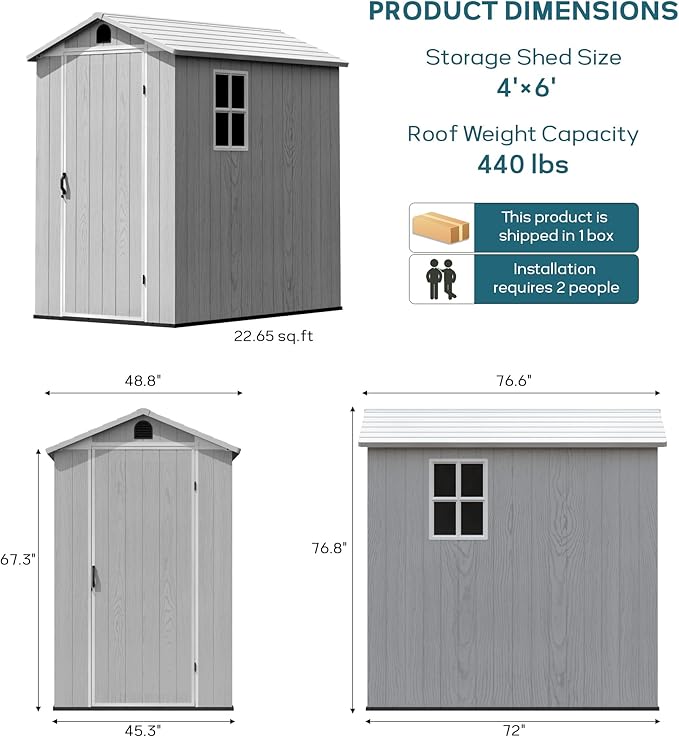 Greesum 4x6FT Plastic Outdoor Storage Shed with Floor, Resin Storaged Sheds with Lockable Door, Window & Vent, All-Weather Tool House for Garden, Backyard, Patio, Light Gray (One-Piece Panel)