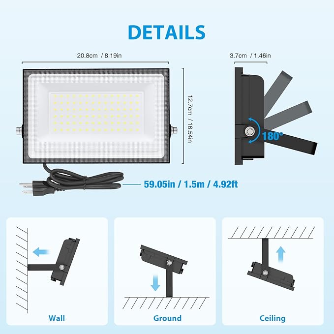110W Flood Lights Outdoor, LED Work Light with Plug, Daylight White 6500K LED Flood Light, IP66 Waterproof Exterior Security Lights for Yard Garage Stadium 4 Pack