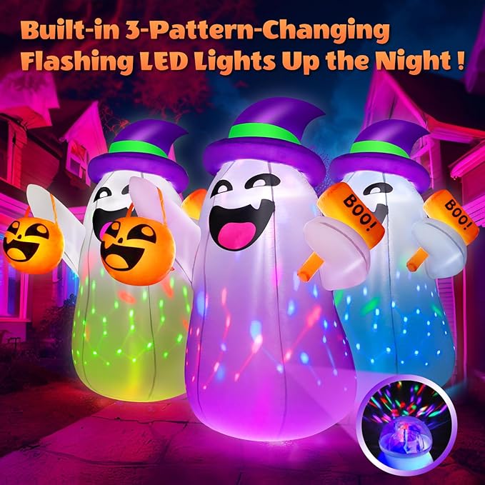 5FT Halloween Inflatables Ghost Built-in Colorful Flashing LED Lights, Cute Halloween Decorations Outdoor with Pumpkin Boo, Blow Up Yard Decorations for Indoor Yard Party (1PCS)