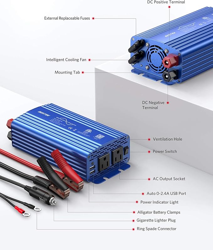 BESTEK 500W Pure Sine Wave Power Inverter DC 12V to 110V AC Car Plug Inverter Adapter Power Converter with 4.2A Dual USB Charging Ports and 2 AC Outlets Car Charger, ETL Listed, Blue