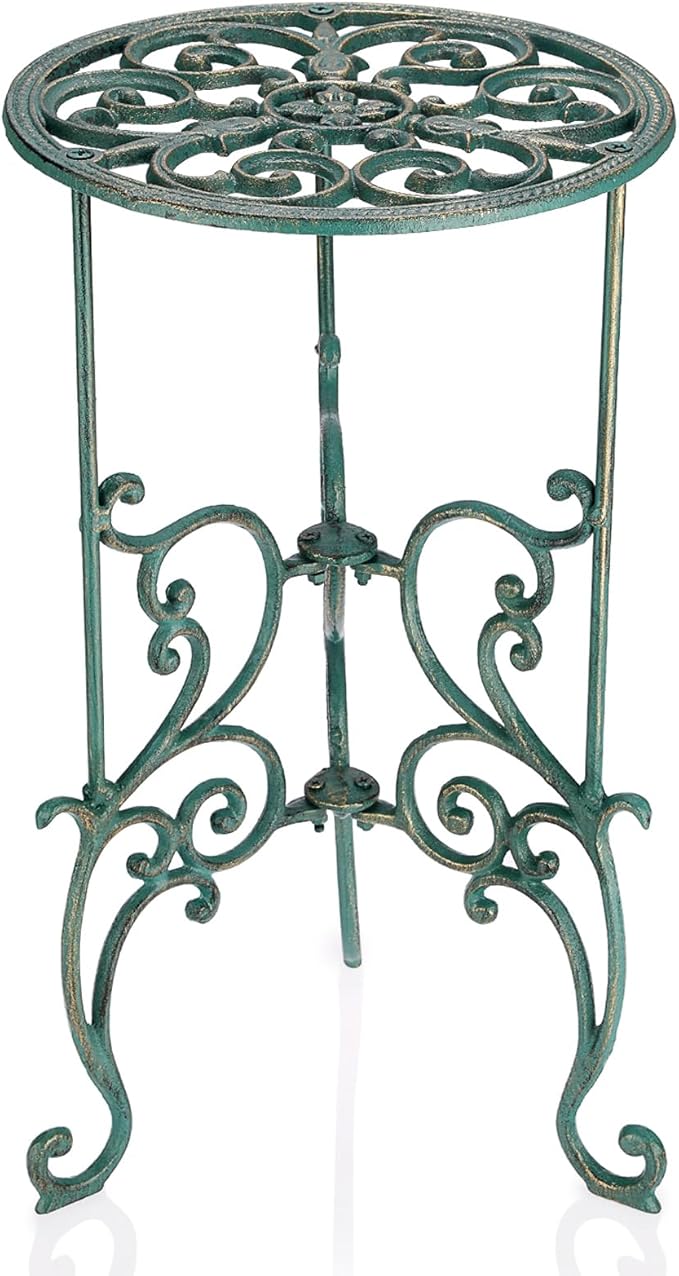 OwnMy Cast Iron Tall Plant Stand Heavy Duty Vintage Wrought Iron Flower Pot Holder, Decorative 1-Tier Potted Plant Holder Rack, Indoor Outdoor Large Metal Plant Stand for Patio Garden, Antique Green