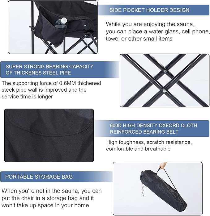 Oversized Portable Sauna Chair, Fast Folding Chair with Carrying Bag for Personal Home Sauna (Black)