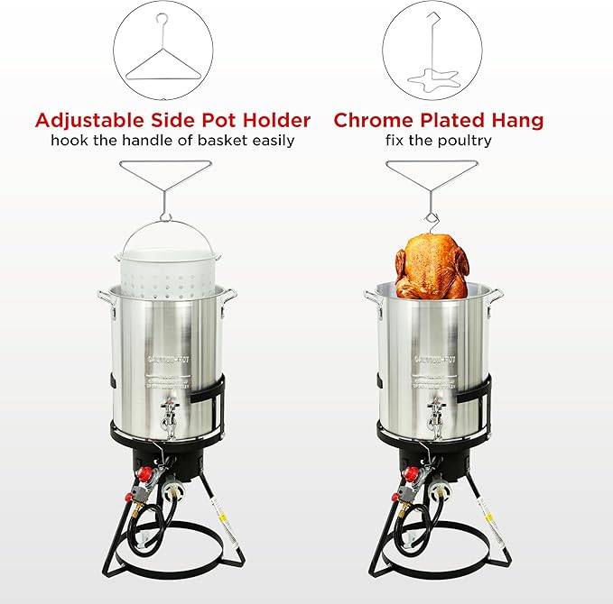 Red Mountain Valley 30Qt Turkey Fryer with Propane Burners for Outdoor Cooking, Aluminum Turkey Fryer Pot Basket, Propane Deep Fryer, Seafood Boil with Spigot,Timer, Marinade Injector, Turkey Rack