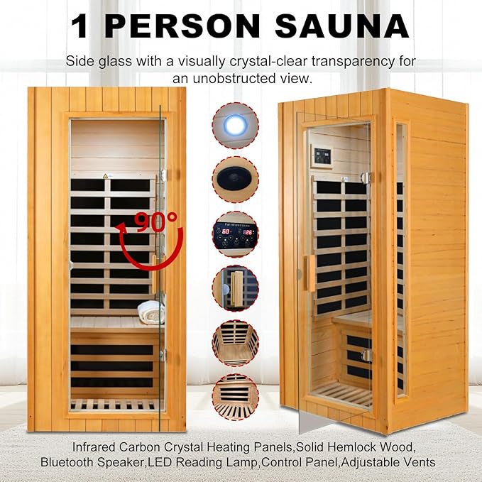 1-Person Infrared Sauna,1300W Indoor Sauna for Home, Side Glass Window, Canadian Hemlock Wood Personal Sauna with 5 Heating Panels, LED Reading Lamp, Blue-Tooth