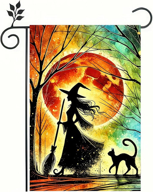 Halloween Garden Flag 12 X 18 Flag Witch And Black Cat Garden Flag Witch And Cat Design Moonlight Silhouette And Colorful Night Sky For Outdoor Yard And Patio Lawn Decoration Banner