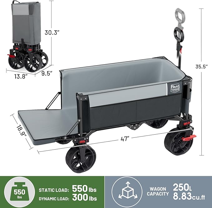 TIMBER RIDGE Beach Wagon with Tailgate, 550lbs Heavy Duty Collapsible Wagon with All-Terrain Big Brakes Wheels, Foldable Utility Cart for Sand Sports Shopping, Gray