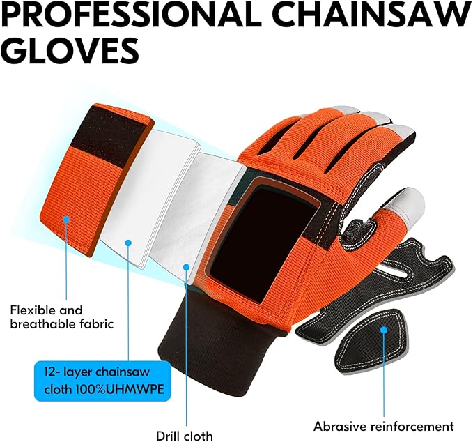 Vgo... Chainsaw Gloves, 12-Layer Chainsaw Protection on Both Hand Back, leather Work Gloves, Mechanic Gloves