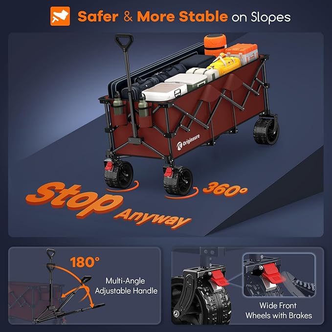 48" L Collapsible Wagon Cart Foldable, 560lbs Weight Capacity 300L Heavy Duty Folding Beach Wagons with Big All-Terrain Wheels, Utility Carts for Groceries, Shopping, Camping, Sports - Red