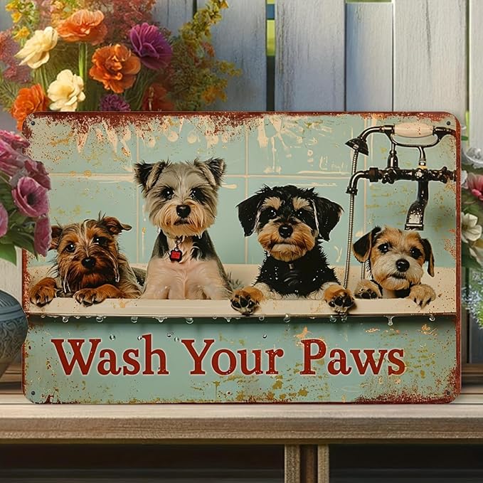 Vintage Metal Tin Sign "Wash Your Paws" - Rustic Dog Themed Artwork, Iron Wall Decor for Home, Gym, Cafe, Garage, Bathroom - Pet-Friendly Decorative Sign, 12x8 Inches