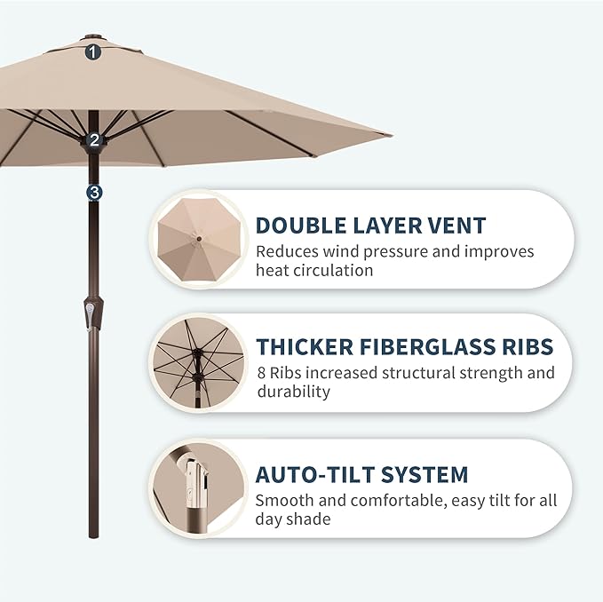 PatioKingdom Auto-Tilt 9FT Patio Umbrella Outdoor with 8 Sturdy Fiberglass Ribs,Market Table Umbrella for Pool,Backyard,Deck and Garden
