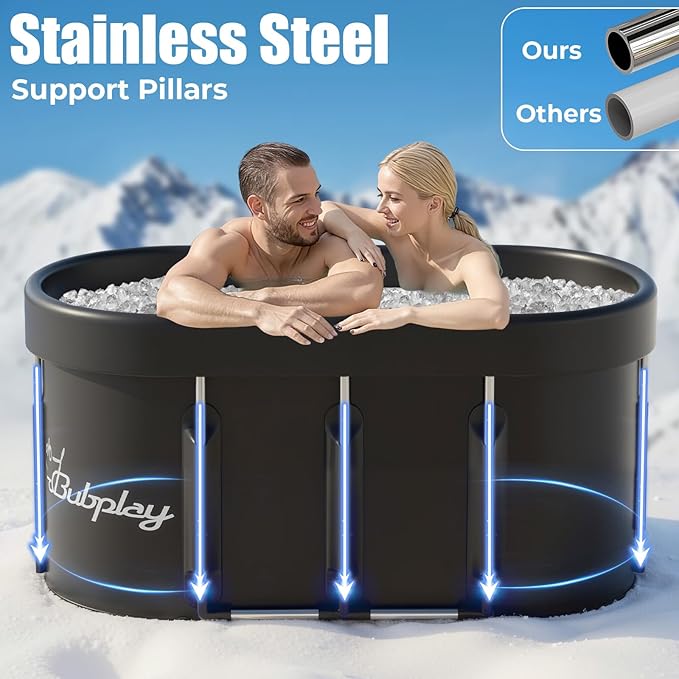 130 Gallons Large Oval Ice Bath Tub for Athletes & Adults, Cold Plunge Tub with Cover, Ice Plunge Tub for Recovery & Cold Water Therapy, Inflatable Ice Bath Barrel for Indoor Outdoor- Black