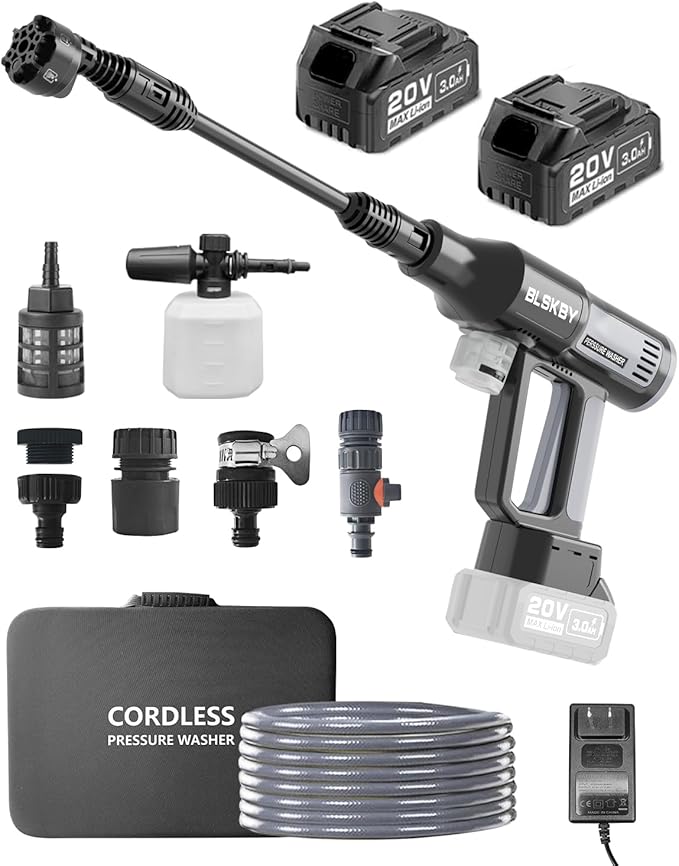 Portable Cordless Pressure Washer with Faucet Adapter - 2 Pack Batteries 1200PSI Cordless Power Washer Battery Operated with 6-in-1 Nozzle, Adjustable Foam Cannon LCD Touch Screen for Car Garden