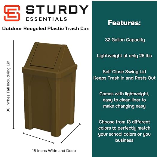 32 Gallon Square 100% Recycled Plastic Heavy Duty Outdoor Commercial Trash Can with Swing Top Lid | Great for Schools and Businesses - Brown