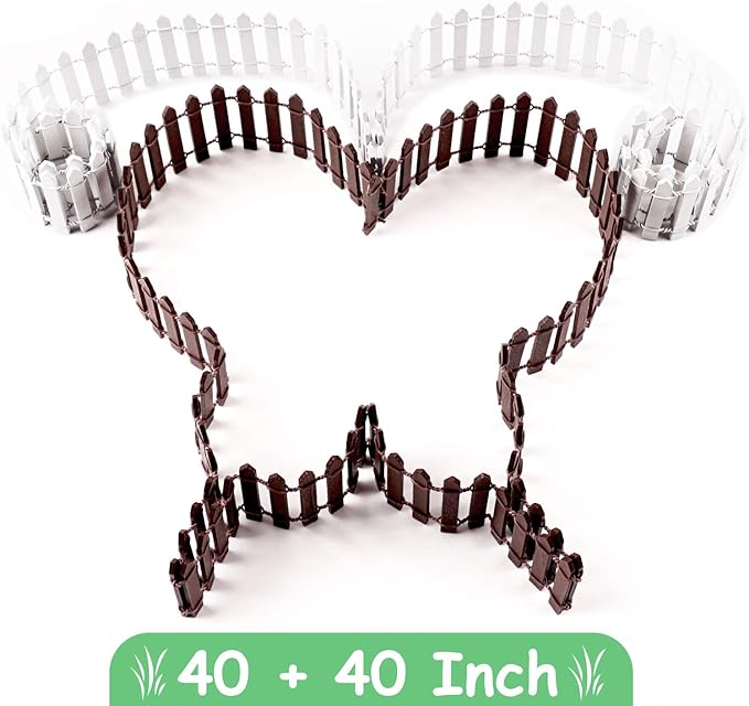 Miniature Wood Picket Fence - 2 Pcs DIY Brown and White Fence with Gate, 40 Inch Long for Fairy or Dollhouse Garden