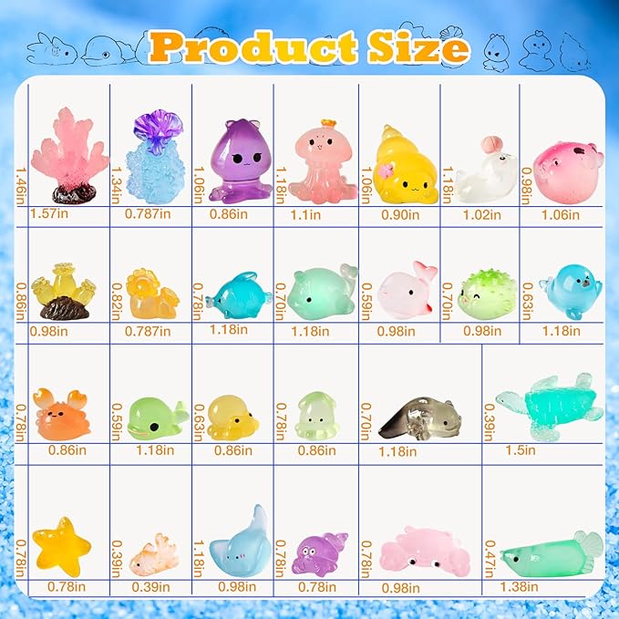 Luminous Mini Resin Ocean Animals Tiny Resin Sea Animal Tiny Turtle Octopus Dolphin Shark Miniature Figurines for Fish Tank Decorations, Glow in The Dark for Garden Miniatures Accessories 50 pcs