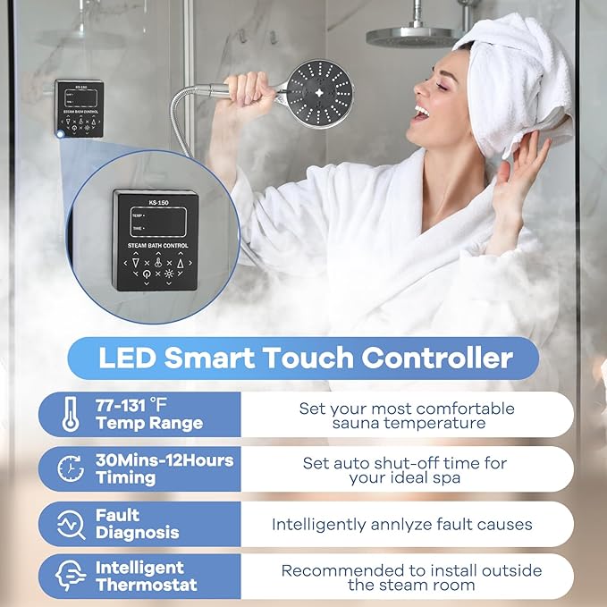 Kooby 9KW Luxury Self-draining Steam Generator Shower Sauna Bath Home Steam Bath Spa Generator with Waterproof Control and Auto Drain 95-131℉ for Max Space Heating 9 m³ (320 ft3)