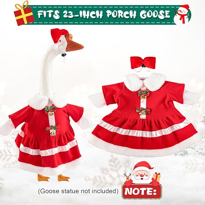 Christmas Mrs. Claus Porch Goose Outfit Dresses Clothes for 23" High Cement or Plastic Porch Goose Costume for Outdoor Patio Garden Statue Xmas Santa Holiday Decor