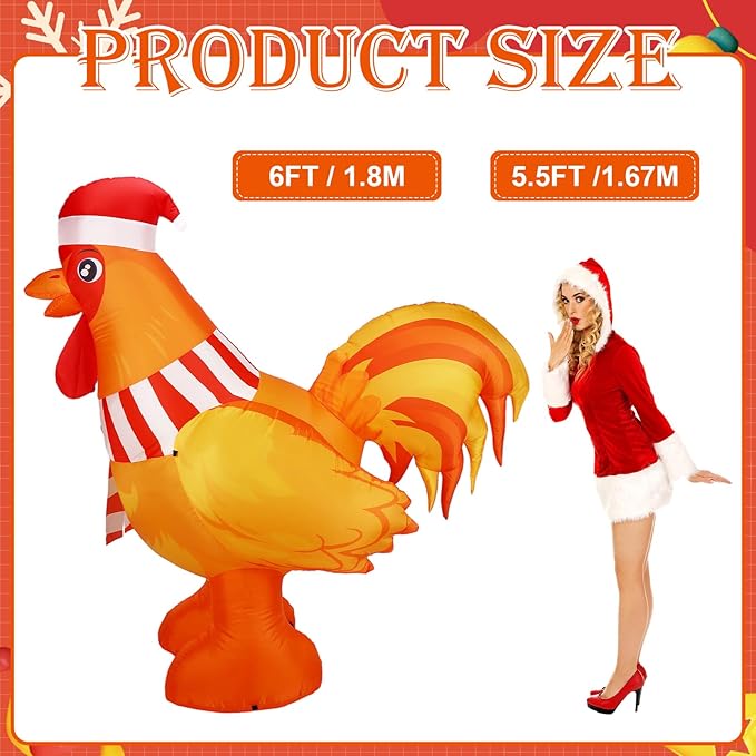 6Ft Christmas Rooster Inflatable with Built in LED Lights Xmas Chicken Blow-Up Lawn Decoration for Winter Home Garden Yard Holiday Party Indoor Outdoor Decor