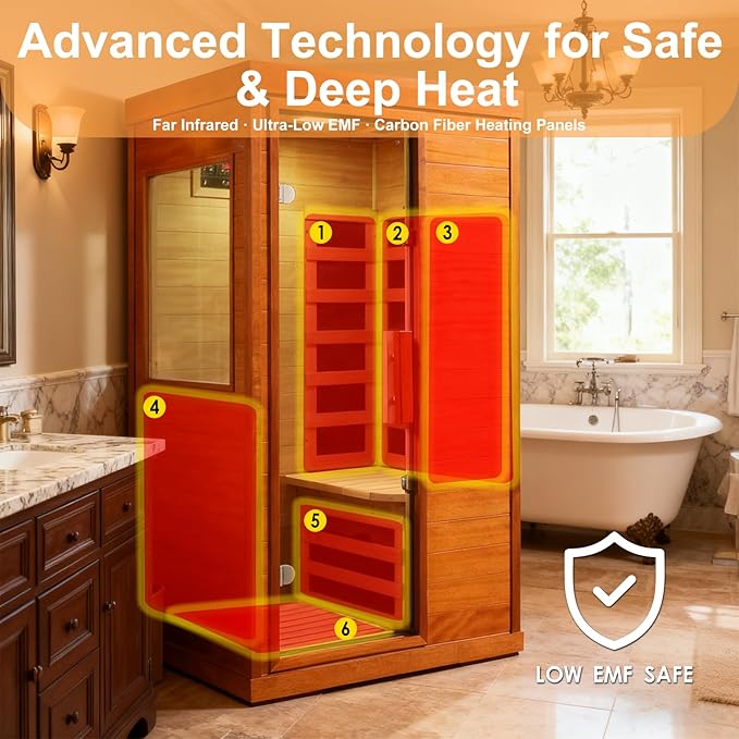 Far Infrared Sauna 1120W 110V, Low EMF Infrared Sauna with Red Light Therapy, Carbon Fiber Infrared Saunas 1 Person W/Bluetooth Speakers/Control Panel for Basement/Home Gym/Bathroom
