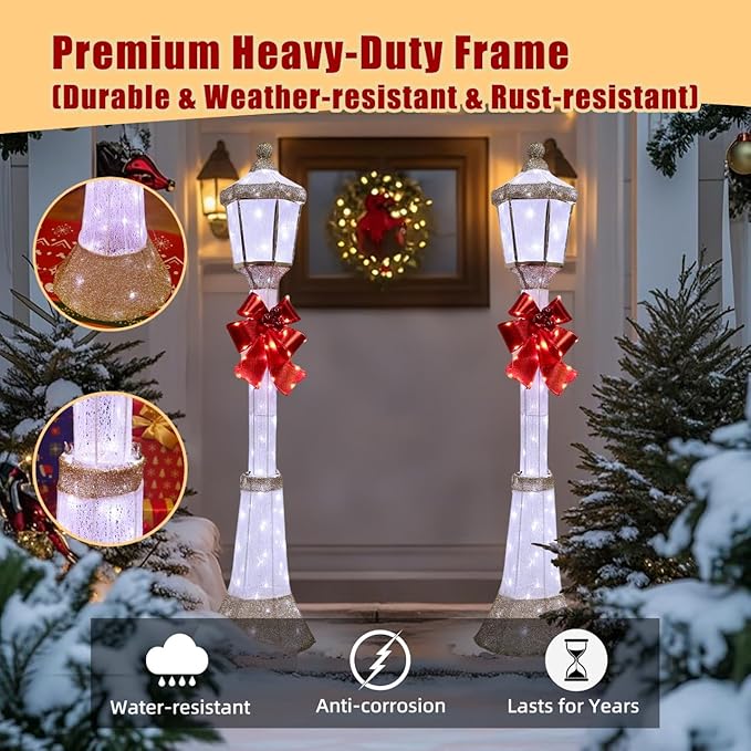 60Inch Outdoor Christmas Decorations Outdoor Lighted Lamp Post 3D Lamppost LED Lighted Display with 128 LED Lights&Bow, Holiday Decorations for Yard, Porch, Patio (2-Pack)