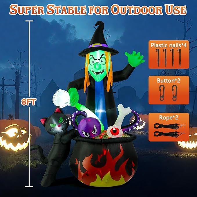 8FT Halloween Inflatable Witch Stirring Cauldron, Lighted Blow Up Yard Decoration with Cat, Tentacles & Eyeball, Giant Outdoor Prop for Lawn, Party, Haunted House