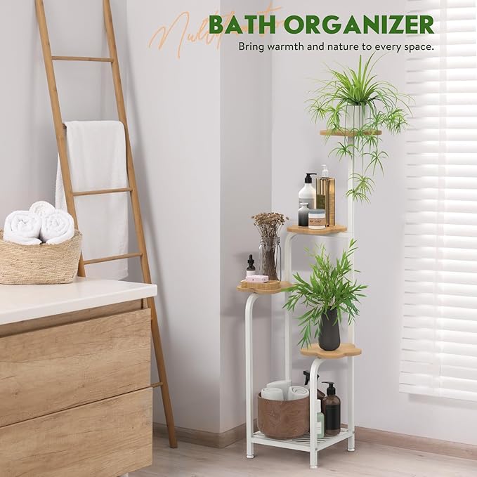 TOSKING 5 Tier Metal Plant Stand Indoor 48''H Tall ,Heavy Duty Plant Shelf , Corner Shelf Flower Pot Stand for Outdoor Plant Stand for Living Room Balcony Garden Patio Bedroom (5 Tier-White and Wood)