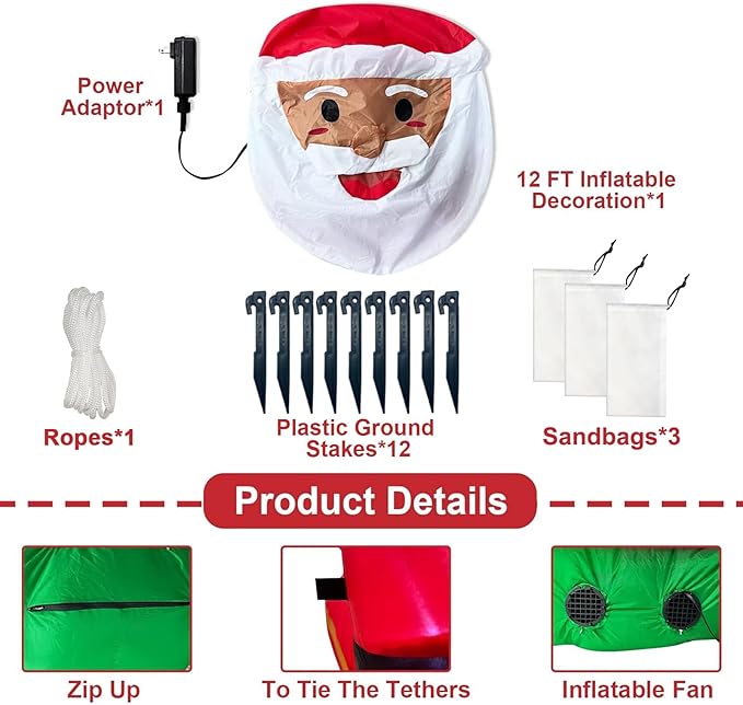 TURNMEON 12 Feet Long Christmas Inflatable Decorations Outdoor LED Lighted Santa Claus on Sleigh Three Reindeer Deer Gift Box Blow up Yard Christmas Decor Outside Lawn Garden Party 12 Stakes 2 Tethers