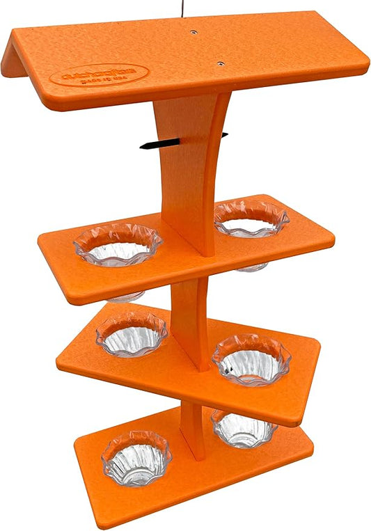 DutchCrafters Plastic Poly Double Platform Hanging Oriole Bird Feeder with Fruit Slice Holders & Nectar Cups, Jelly Bird Feeders for Outside - Amish Made in USA (Triple, Bright Orange)
