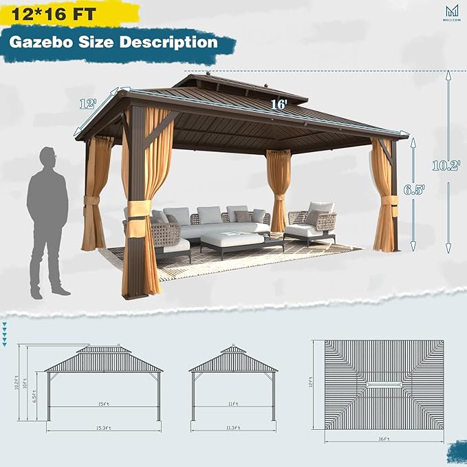 MELLCOM 12'x16' Hardtop Gazebo, Metal Double Roof Aluminum Gazebos with Curtain and Netting,Brown Permanent Galvanized Steel Pavilion for Patio, Lawn & Deck