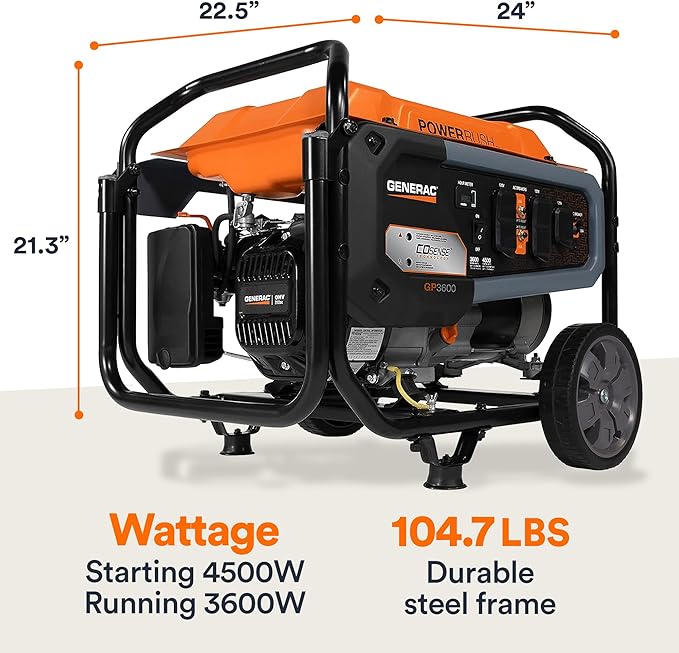 Generac 4,500 Starting Watt Portable Gas Generator - Electric Start - Home Backup or RV Ready - Heavy Duty Frame - Quiet, Long Runtime, Emergency Power- 49-State Compliant