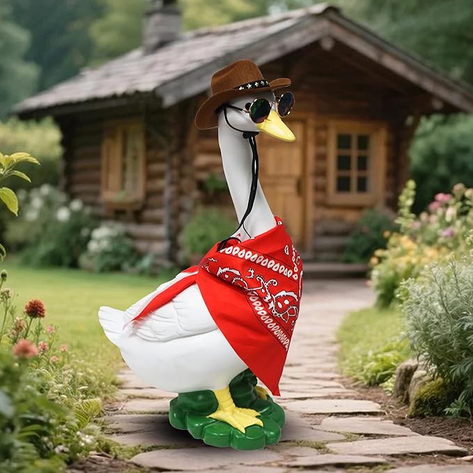 Porch Goose Statues with Outfits, 20 "Large Goose Porch Figurine Decor, Funny Porch Goose Decoration Set, Goose Outfit with Cowboy Hat and Glasses Red Scarf,for Outdoor Garden Yard Housewarming Gifts