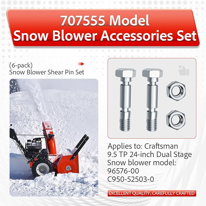 6 Pack 707555 Snow Blower Kit Shear Pin Compatible with Craftsman 9.5 TP 24" Dual Stage Snowthrower 96576-00 - C950-52503-0
