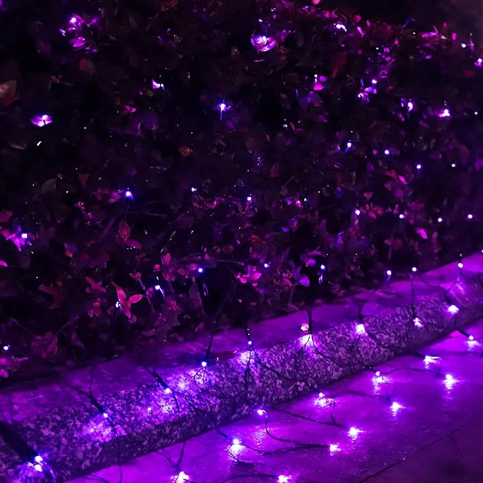 Solar Net Lights Outdoor Mesh Lights Christmas Decorations, 200LED String Tree Wrap Waterproof 19 Modes for Bushes, Fence,Garden, Shrubs,Trunk, Halloween,Xmas Decor (Purple, 9.8ft x 6.6ft)