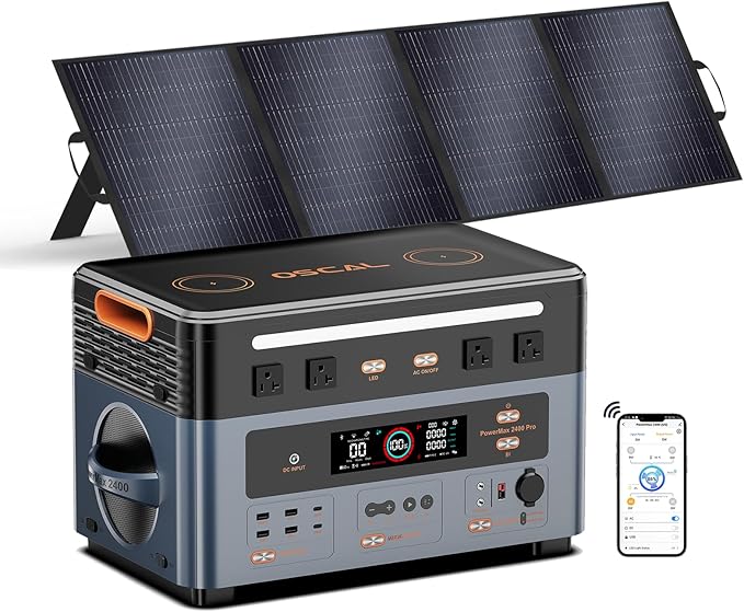 OSCAL 2400W Power Station with 200W Solar Panel, 1872Wh Solar Generator with 4 AC Outlets (5000W Peak), Fast Charging, APP Control Battery Backup for Home, Camping & RVs (Optional Expansion Battery)