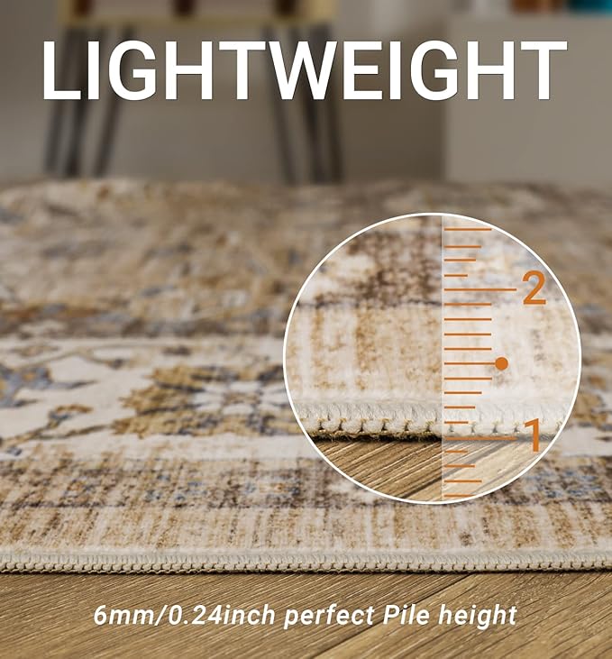 10x14 Area Rugs,Ultra-Thin Washable Rugs for Living Room,Non-Slip Lightweight Foldable Area Rug,Stain Resistant Vintage Large Rugs (Apricot/Blue, 10'x14')