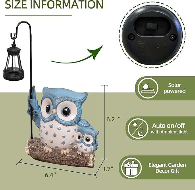 Garden Statues Owl with Solar LED Lantern, Resin Solar Garden Decor for Outside, Yard Decorations Outdoor for Patio, Porch, Balcony, Lawn Ornaments, House Warming Birthday Gifts for Mom Women Grandma