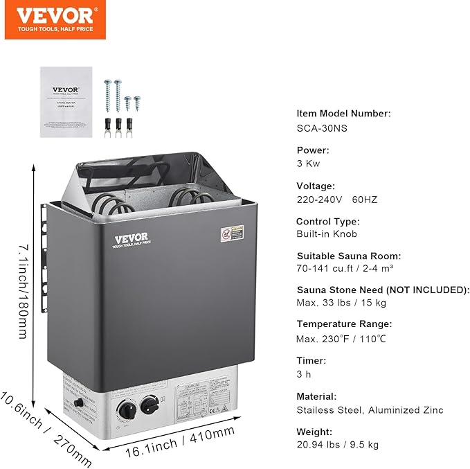 VEVOR Sauna Heater, 3KW 220V Electric Sauna Stove, Steam Bath Sauna Heater with Built-in Controls, 3h Timer and Adjustable Temp for Max. 70-141 Cubic Feet, Home Hotel Spa Shower Use