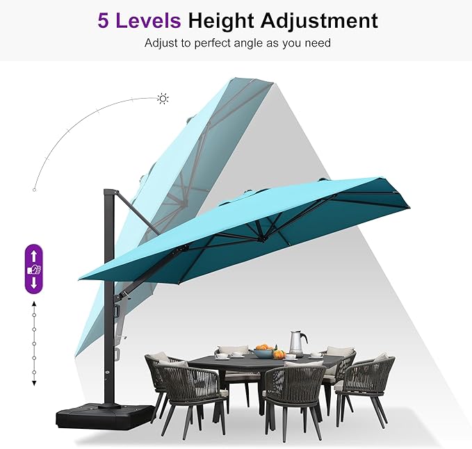 PURPLE LEAF 11 FT Square Patio Umbrella with Base Included Large Outdoor Offset Umbrella with 360-degree Rotation Cantilever Umbrella for Garden Deck Backyard Pool Turquiose